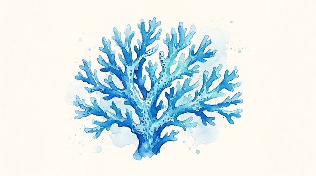 Beautiful blue coral branch illustration painted with watercolor style for marine life and ocean nature design