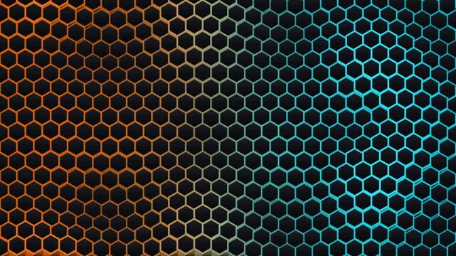 Abstract hexagonal grid pattern with a vibrant orange to blue gradient, modern geometric honeycomb design on a dark background, digital art texture