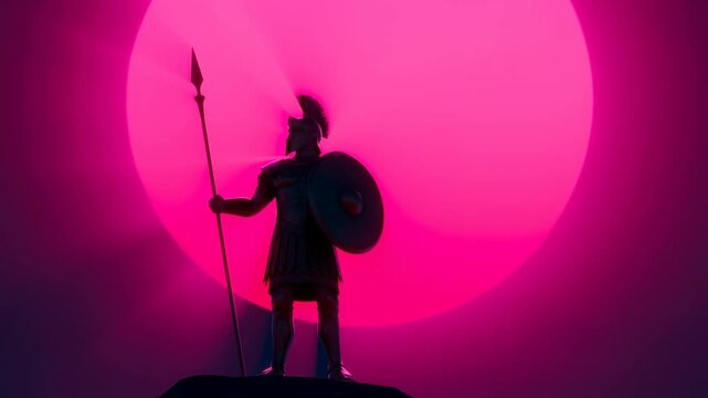 Ancient Warrior Standing with Spear and Shield in Front of Glowing Pink Sun