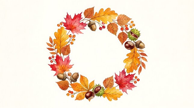 Beautiful autumn wreath made of colorful maple leaves and acorns for seasonal harvest celebration and fall decoration