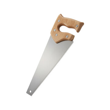 Hand holding a serrated saw blade ready for cutting wood isolated on transparent background