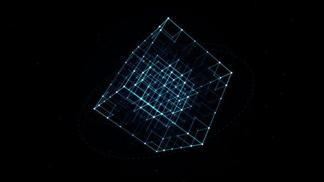 Abstract glowing blue 3d grid cube structure with interconnected lines and dots on a dark background, symbolizing futuristic technology, data, network, blockchain, ai, and digital connections