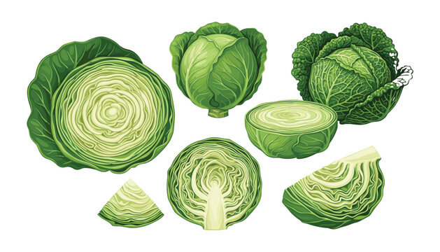 Fresh green cabbage vegetable collection with whole heads half cut cross sections and chopped wedges vector illustration set
