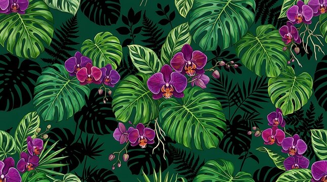 Seamless pattern with purple orchid flowers and green monstera tropical leaves in a lush botanical jungle background