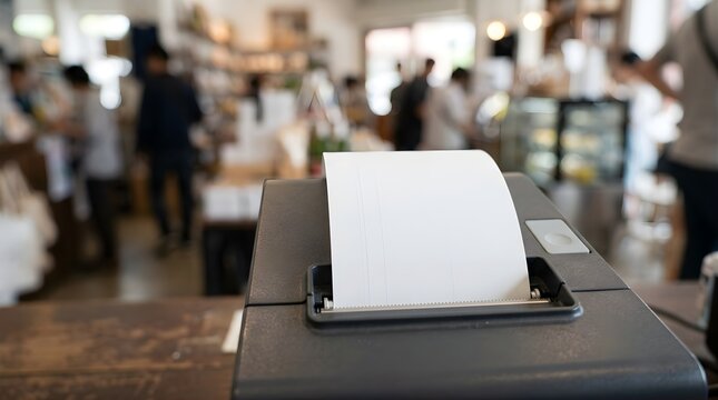 Thermal receipt printer with blank paper roll on a wooden shop counter
