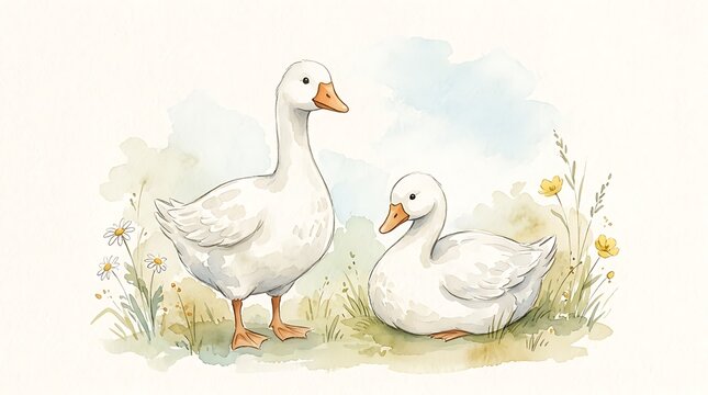 Two cute white geese standing and sitting together in a peaceful summer garden with wild flowers and green grass