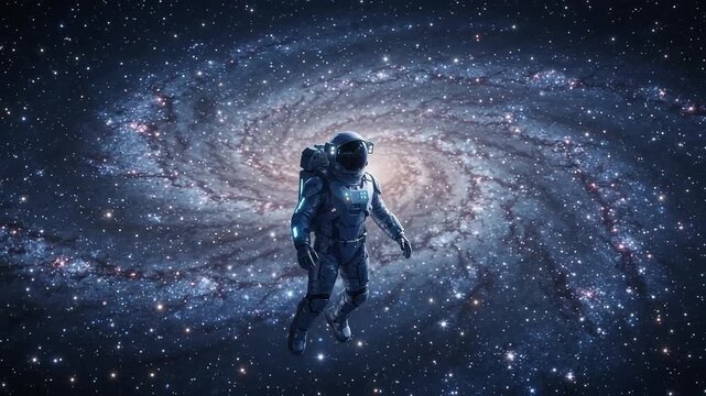 Astronaut floating in zero gravity in front of a spiral galaxy