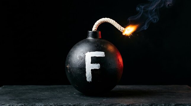 Round black explosive bomb with white letter f and glowing burning fuse on dark background
