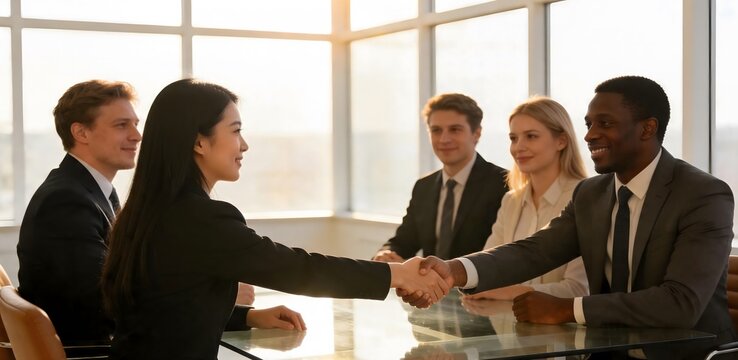 Business people shaking hands across a glass conference table in a modern office with office meeting corporate team business partnership deal agreement office interior diverse team corporate cul
