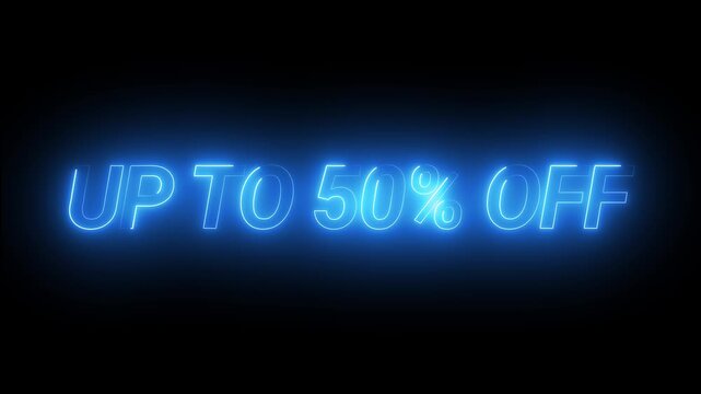 Neon sign advertising up to fifty percent discount sale in retail storefront