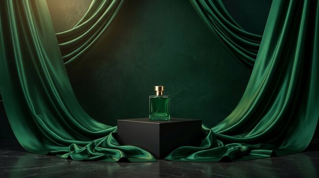 Elegant perfume bottle displayed on a podium with draped fabric