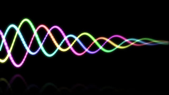 Neon light waves vibrating as colorful glowing sine lines moving rhythmically across dark black background in fluid digital technology
