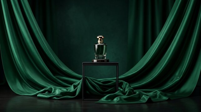 Elegant perfume bottle displayed on modern pedestal with rich green drapery backdrop
