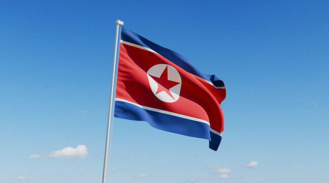 Wavy North Korea Flag and Clear Blue Sky