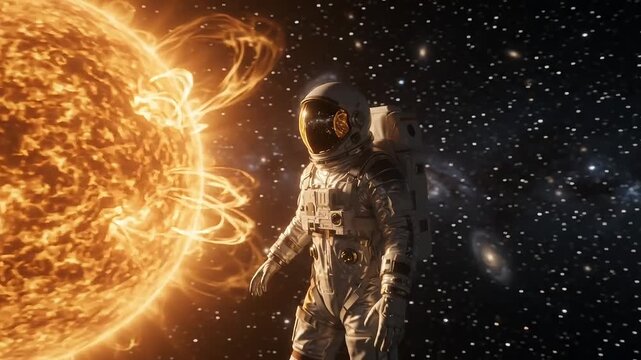 Astronaut floating in space near glowing sun with solar flares
