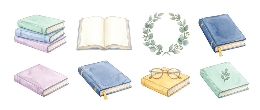 Watercolor book set illustration clipart for reading and literature design, featuring open books, pastel journals, eyeglasses, and eucalyptus wreath isolated on black background for study element.