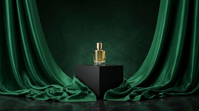 Luxury perfume bottle on black pedestal with draped green fabric background