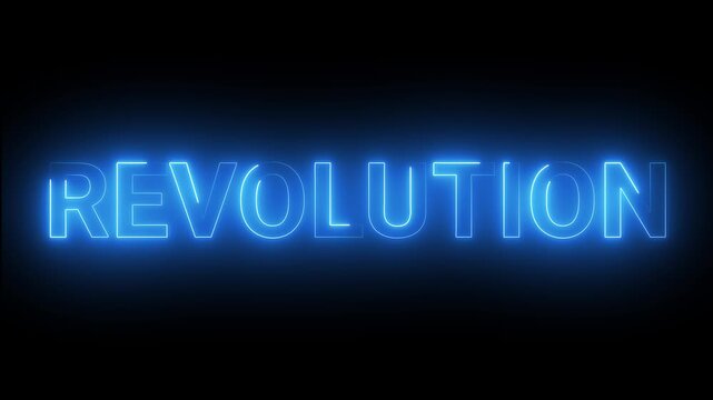 Neon blue illuminated sign spelling revolution against dark background for modern branding