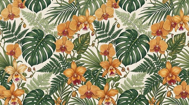 Seamless pattern with tropical leaves and golden orchid flowers for textile design