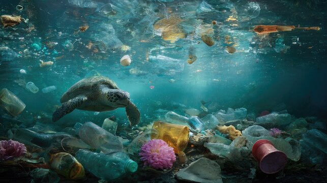 Sea turtle swims through plastic pollution in ocean environmental damage concept
