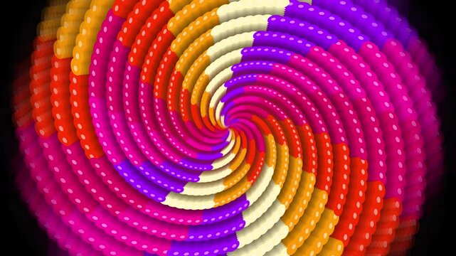 Swirling colorful light tunnel with rotating dotted glowing patterns moving through space in a hypnotic motion tunnel for background visuals
