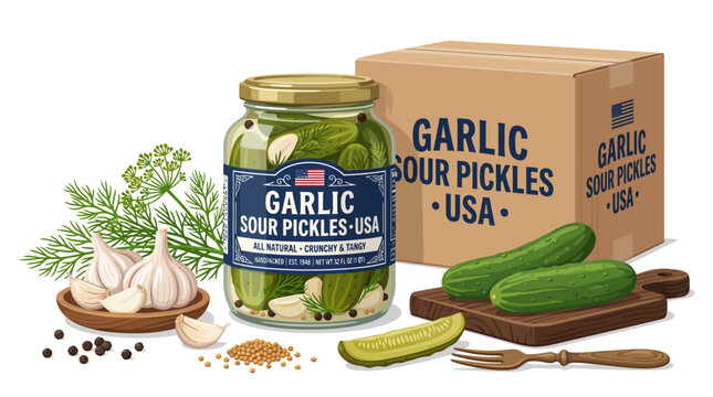Very beautiful realistic vector product set featuring cucumbers, garlic cloves, dill, peppercorns, sour pickle spears, glass jar and classic pantry packaging. Label: "GARLIC SOUR PICKLES &bull; USA" no gra