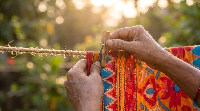 Hands pinning colorful traditional indian fabric with wooden clothespin on rope
