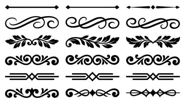 Elegant black silhouette vector dividers and flourishes set for graphic design projects, ornate vintage scrollwork borders for text decoration and document embellishment
