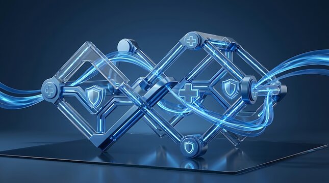 A conceptual 3d illustration representing aca plans and health insurance coverage with modern shields and glowing lines