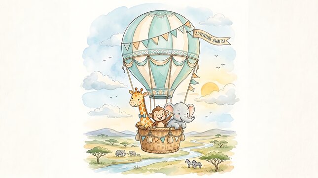 Cute cartoon giraffe monkey and elephant riding in a hot air balloon over a green safari landscape for children