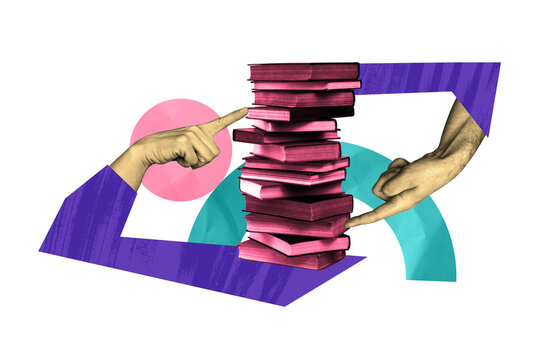 Composite photo collage of hands point book stack want buy choose literature bookstore reader hobby student isolated on painted background