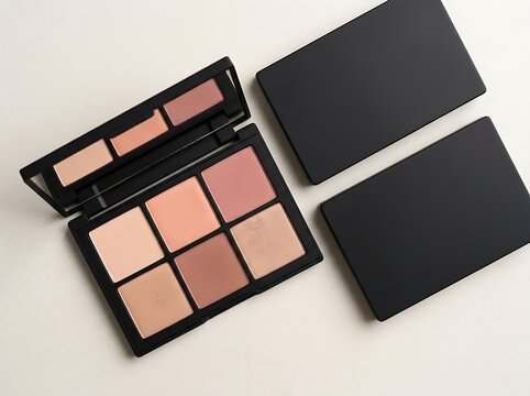Professional makeup palette with blush shades displayed on black case and flat lay arrangement. poudres