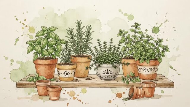 Watercolor Illustration of Culinary Herbs in Pots on a Wooden Shelf