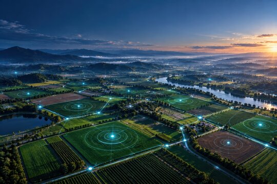 Aerial view of farmland at sunset with digital connectivity overlays, symbolizing smart agriculture and IoT technology integration in rural landscapes.