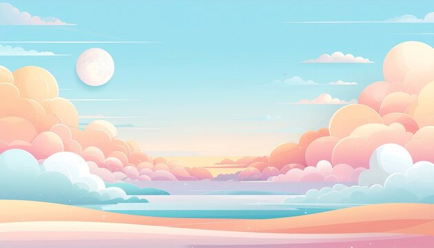 Dreamy Sky Panorama: A serene landscape painted with soft pastel clouds, a gentle ocean, and a tranquil moon in a clear sky, evoking a sense of peace and wonder.