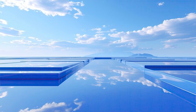 Infinite Serenity: A futuristic infinity pool mirrors a sky filled with fluffy clouds, creating a surreal and tranquil landscape where water meets sky.