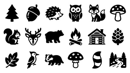 Obraz premium Nature and Forest Wildlife Silhouette Icon Set featuring Animals and Outdoor Elements for Graphic Design