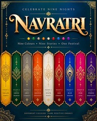 Naklejka premium Navratri festival poster with nine colorful pillars and traditional ornamental patterns