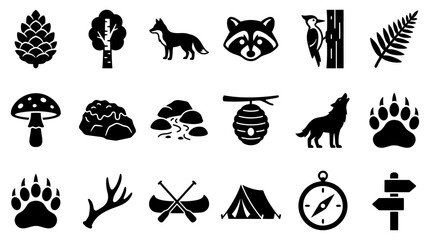 Fototapeta premium Diverse outdoor adventure and forest wildlife silhouette vector icons set, perfect for nature-themed graphic design projects, camping, and wilderness illustrations
