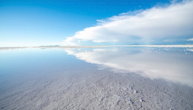 Mirror of the Heavens: A breathtaking expanse of the Salar de Uyuni salt flat reflects the vast blue sky and dramatic clouds, creating a surreal, almost liquid horizon.