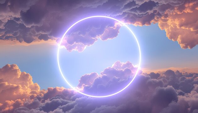 Dreamlike portal in the sky: A surreal image features a glowing neon circle hovering amidst soft, pastel-colored clouds during twilight.