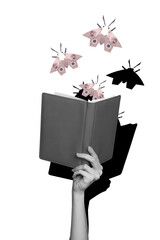 Vertical photo collage of people hand hold open book read new bestseller fairytale fly mole fantasy...