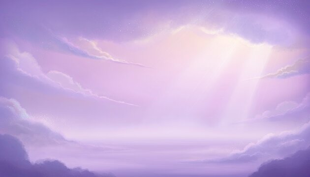 Ethereal Skies: Soft, wispy clouds in shades of lavender and rose form a dreamlike canopy, with shafts of golden sunlight breaking through to illuminate the celestial expanse.