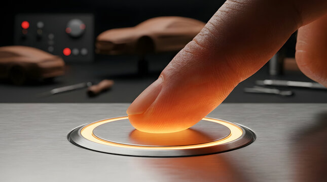 Finger pressing circular biometric scanner button on modern keyboard for security access