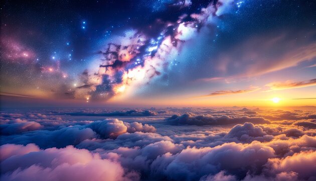 Cosmic Dreamscape: A breathtaking view of the cosmos merged with a sea of clouds, where stars twinkle and a nebulae swirls above a vibrant sunset.