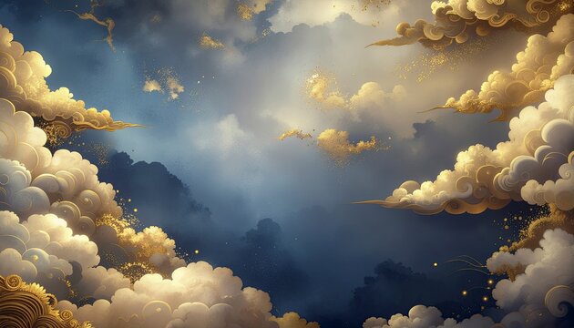 Celestial Tapestry: A breathtaking panorama of golden-hued clouds drifts across a deep blue sky, evoking a sense of wonder and the sublime.