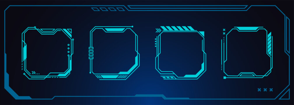 Futuristic ui frame with neon glowing hud elements on black background. Vector realistic illustration of holographic interface design for game screens and tech dashboards with cyberpunk square borders