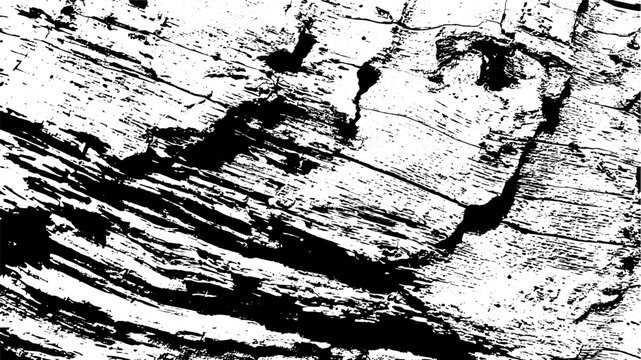 Grunge bark wood texture background. Distressed black and white grainy timber surface. Abstract vector illustration with grit, noise, splotch and rough scratch effect for overlay design.