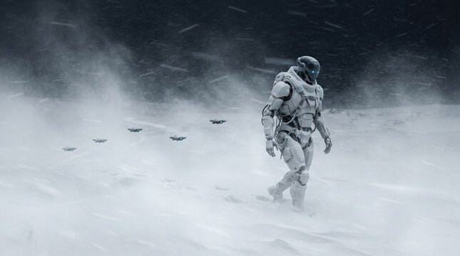 Interstellar movieinspired snowscape featuring a lone astronaut in a white, icy, cold blizzard, perfect for futuristic, space exploration themes.