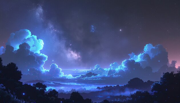 Dreamy Nightscape: A surreal and atmospheric night sky, illuminated by vibrant blue clouds and twinkling stars, hovers over a silhouetted landscape of trees and hills.